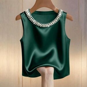 Elegant Green Sleeveless Top with Pearl Detailing